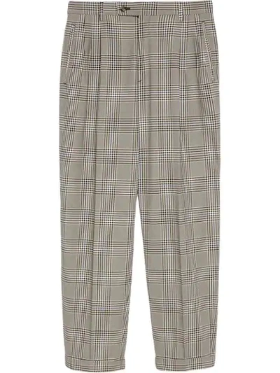 Gucci Prince Of Wales Cuff Crop Cotton Trousers In Grey