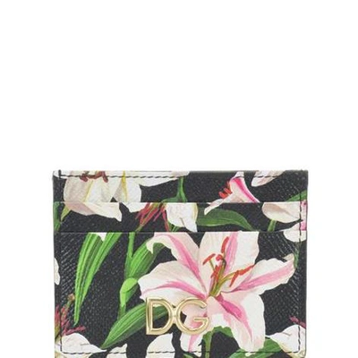 Dolce & Gabbana Lily Print Leather Card Holder In Gigili Nero