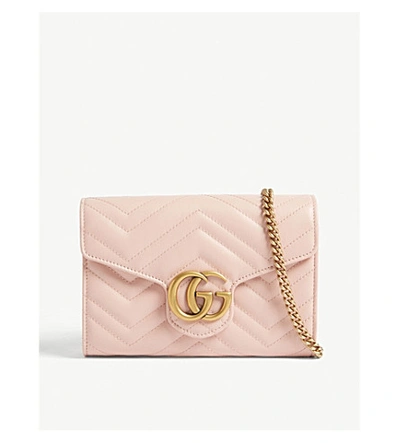 Gucci Gg Marmont Chevron Quilted Leather Flap Wallet On A Chain In Perfect Pink