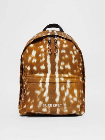 Burberry Deer Print Nylon Backpack In Tan/white