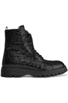 PRADA CROC-EFFECT LEATHER ANKLE BOOTS