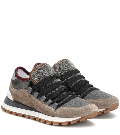 Brunello Cucinelli Mixed Leather And Fabric Trainers With Monili Trim In Grey