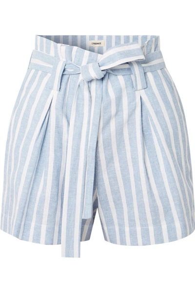 L Agence Alex Belted Striped Linen And Cotton-blend Shorts In Light Blue/ivory