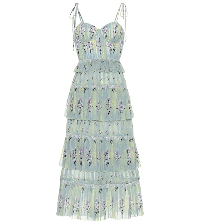 Self-portrait Tiered Floral Lace Printed Dress In Green