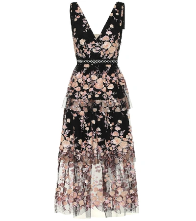 Self-portrait Midnight Floral Sequinned Tiered Tulle Midi Dress In Black