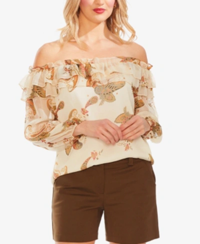 Vince Camuto Paisley Spice Ruffled Off-the-shoulder Top In Natural Sand