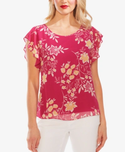 Vince Camuto Floral-printed Flutter-sleeve Top In Wild Hibiscus