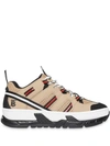 BURBERRY MONOGRAM MOTIF MESH AND LEATHER SNEAKERS