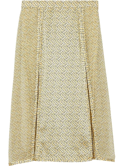 Burberry Monogram Print Silk Pleated Skirt In Pale Yellow