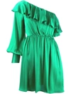 Msgm Pm One Shoulder Ruffled Satin Mini Dress In Green