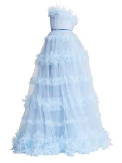 Marchesa Notte Strapless Appliquéd Velvet-trimmed Tulle Gown In Light Blue