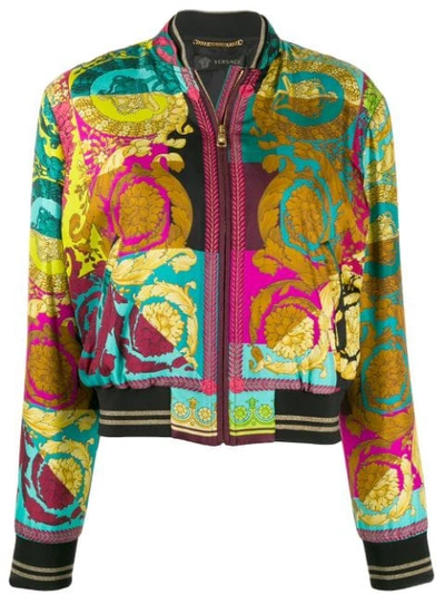 Versace Baroque-print Padded Silk-satin Bomber Jacket In A7000 Multicolor
