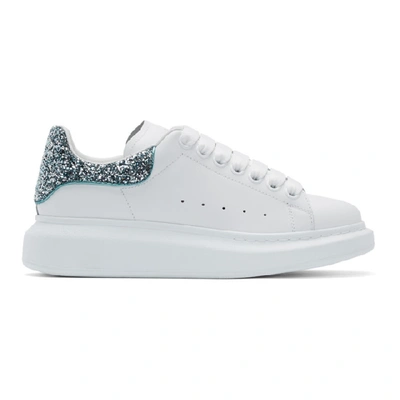 Alexander Mcqueen White & Blue Glitter Oversized Sneakers In White,light Blue