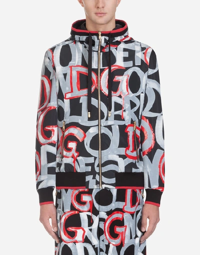 Dolce & Gabbana Jacket With Hood In Graffiti Printed Nylon In Black