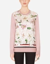 DOLCE & GABBANA LILY-PRINT TWILL AND SILK SWEATER WITH LONG SLEEVES