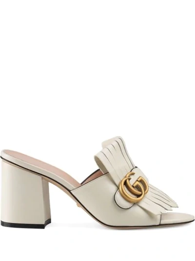 Gucci Marmont Block-heel Kiltie Sandals In White Leather
