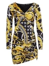 VERSACE JERSEY SAVAGE BAROQUE RUCHED MINI DRESS