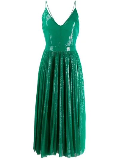 Msgm Shimmery V-neck Pleated Cami Dress In Green