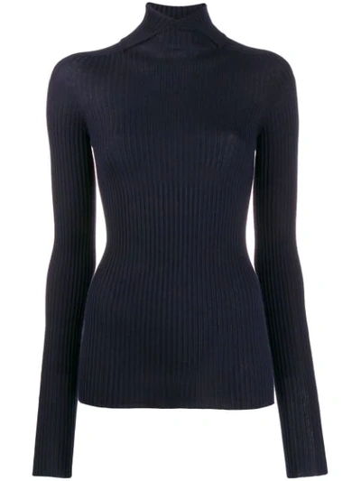 Jil Sander Cutout Ribbed Wool-blend Turtleneck Sweater In Blue