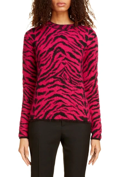 Saint Laurent Crewneck Zebra Print Fuzzy-wool Sweater In Pink