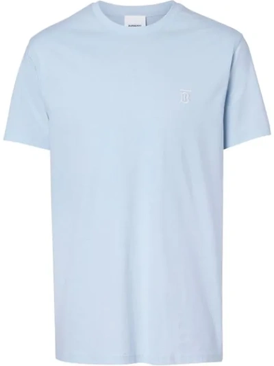 Burberry Embroidered Monogram Cotton-jersey T-shirt In Pale Blue
