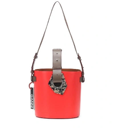 Ganni Leather Open Bucket Bag In Red