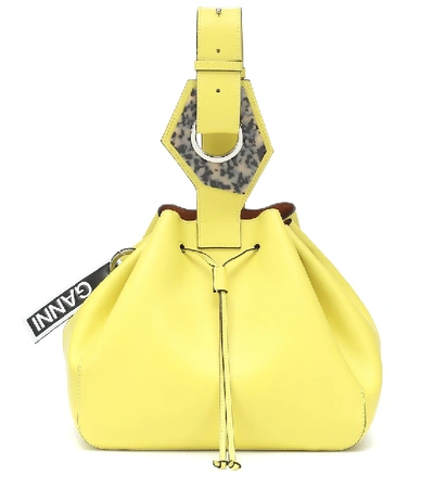 Ganni Leather Small Drawstring Bag In Lemon Verbena In Yellow