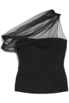 CUSHNIE ONE-SHOULDER DRAPED TULLE AND STRETCH-CREPE TOP