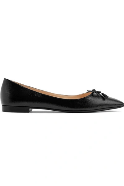Prada 15 Glossed Textured-leather Ballet Flats In Black