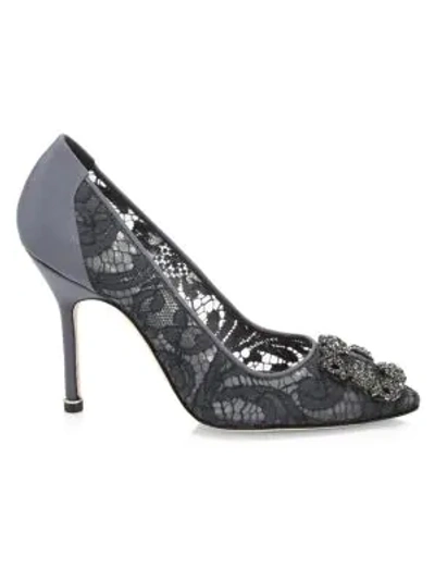 Manolo Blahnik Hangisila 105 Embellished Lace Pumps In Anthricite