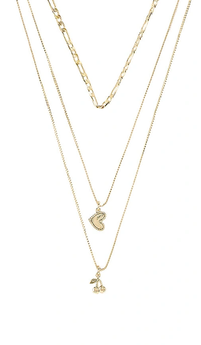 Luv Aj The Triple Cherry Heart Charm Necklace In Metallic Gold.