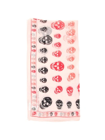 Alexander Mcqueen Printed Multi Skull Silk Chiffon Scarf In Pink,black,red