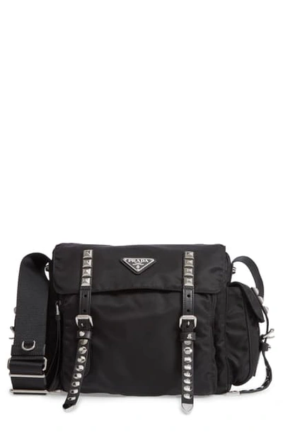 Prada Stud Nylon Messenger Bag - Black In Nero