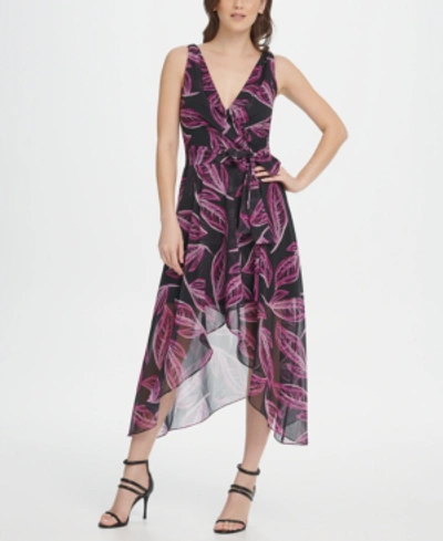 Dkny Chiffon Floral Double-v Wrap Midi Dress In Berry/black