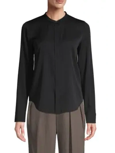 Vince Band Collar Stretch Silk Blouse In Black