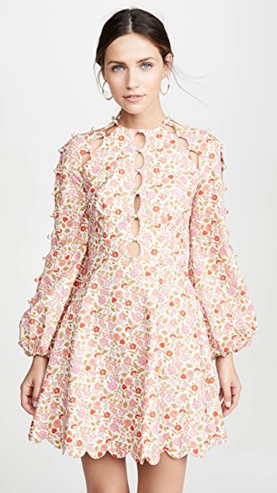 Zimmermann Goldie Cutout Floral-print Linen And Cotton-blend Mini Dress In Coral Blossom