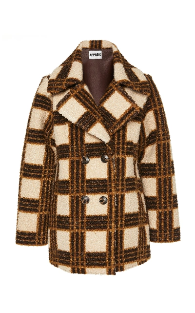 Apparis Audrey Faux Shearling Check Mid Length Coat In Plaid