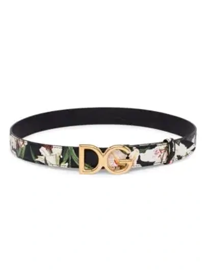 Dolce & Gabbana Dg Logo Leather Floral Belt In Black