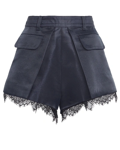 Self-portrait High-rise Lace-trimmed Crepe Shorts In Blue
