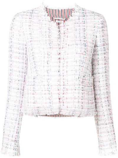 Thom Browne Ribbon Tweed Frayed Cardigan Jacket In White