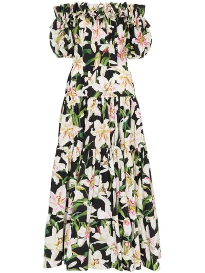 Dolce & Gabbana Off-the-shoulder Floral-print Cotton-voile Maxi Dress In Black