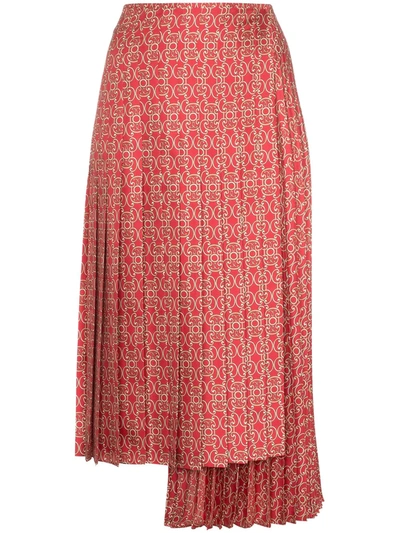 Fendi Pleated Gate-print Silk-twill Skirt In Red