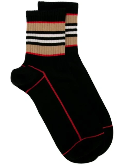 Burberry Icon Stripe Intarsia Cotton Blend Ankle Socks In Black