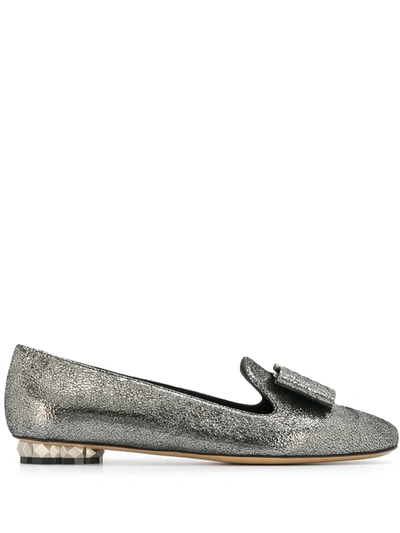 Ferragamo Women's Sarno Woven Leather Flower Heel Loafers In Silver