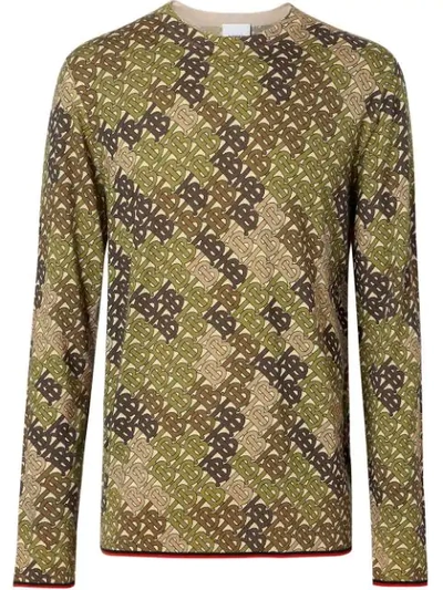 Burberry Camouflage-monogram Print Merino Wool Jumper In Khaki