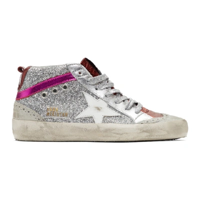 Golden Goose Mid Star Glittered Metallic Leather Trainers In Silver