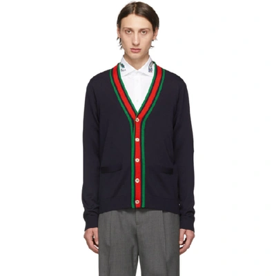 Gucci Navy Wool Web Stripe Cardigan In Blue