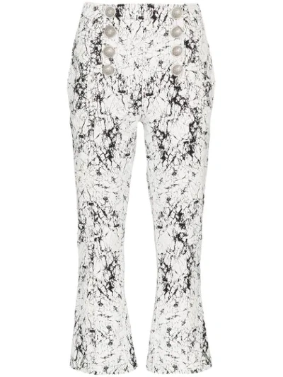 Balmain Cropped Cracked Stretch-cotton Jersey Flared Trousers In White