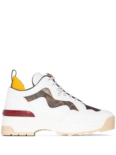 Fendi T-rex Ff Mesh And Leather Trainers In White,brown,yellow