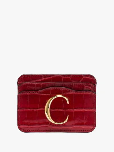 Chloé The C Logo Crocodile-embossed Leather Cardholder In Red